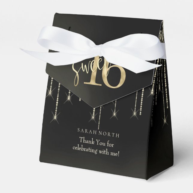 String Lights & Balloons Sweet 16 Black/Gold ID473 Favour Box (Front Side)