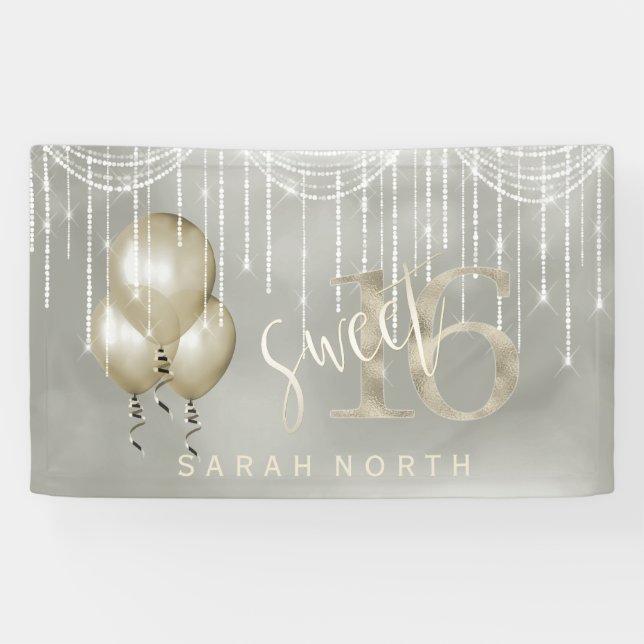 String Lights & Balloons Sweet 16 Champagne ID473 Banner (Horizontal)