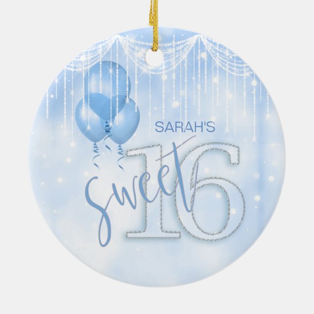 String Lights & Balloons Sweet 16 Lt. Blue ID473 Ceramic Tree Decoration (Back)