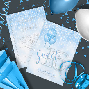 String Lights & Balloons Sweet 16 Lt. Blue ID473 Invitation