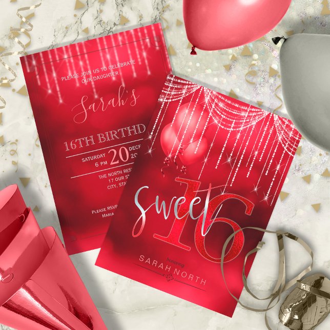 String Lights & Balloons Sweet 16 Red ID473 Invitation (Front/Back In Situ)