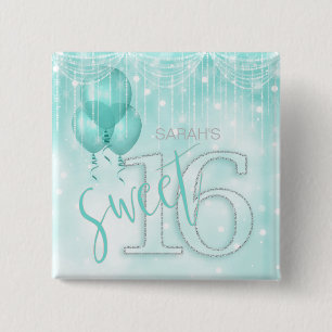 String Lights & Balloons Sweet 16 Teal ID473 15 Cm Square Badge
