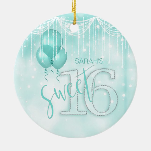 String Lights & Balloons Sweet 16 Teal ID473 Ceramic Tree Decoration (Back)