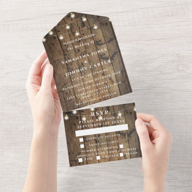 String Lights Barn Rustic Wood country All In One Invitation (Tearaway)