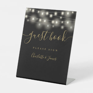 String Lights Black And Gold Script Guest Book Pedestal Sign