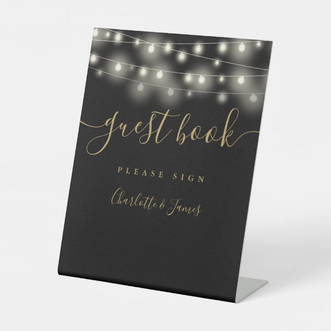 String Lights Black And Gold Script Guest Book Pedestal Sign (Front)