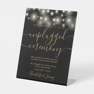 String Lights Black And Gold Unplugged Ceremony Pedestal Sign