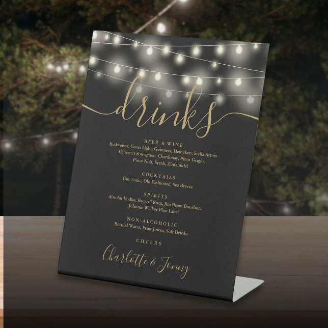 String Lights Black And Gold Wedding Drinks Menu  Pedestal Sign (String Lights Black And Gold Wedding Drinks Menu Pedestal Sign)