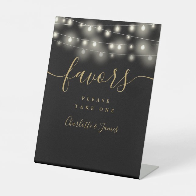 String Lights Black And Gold Wedding Favors Table Pedestal Sign (Front)