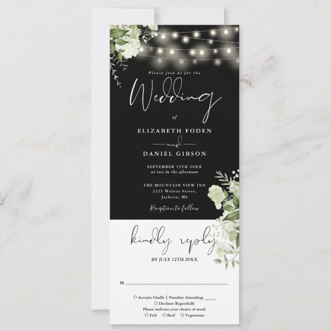 String Lights Black And White All In One Wedding Invitation (Front)