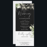 String Lights Black And White All In One Wedding Invitation<br><div class="desc">An all-in-one black and white wedding invitation featuring pretty string lights,  rustic botanical floral greenery and elegant typography. The invitation includes an RSVP card that can be cut off and guest information details. Designed by Thisisnotme©</div>