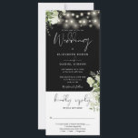 String Lights Black And White All In One Wedding Invitation<br><div class="desc">An all-in-one black and white wedding invitation featuring pretty string lights,  rustic botanical floral greenery and elegant typography. The invitation includes an RSVP card that can be cut off and guest information details. Designed by Thisisnotme©</div>