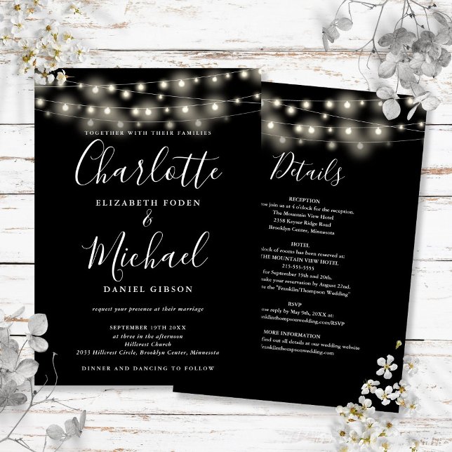 String Lights Black And White All In One Wedding Invitation (String Lights Black And White All In One Wedding Invitation)