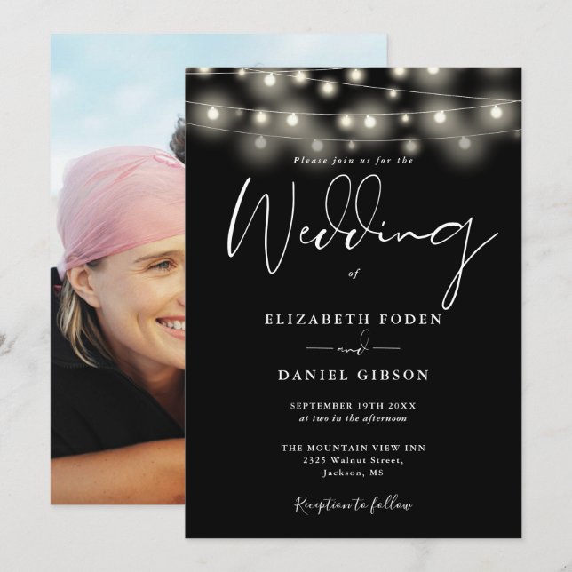 String Lights Black And White Photo Wedding Invitation (Front/Back)
