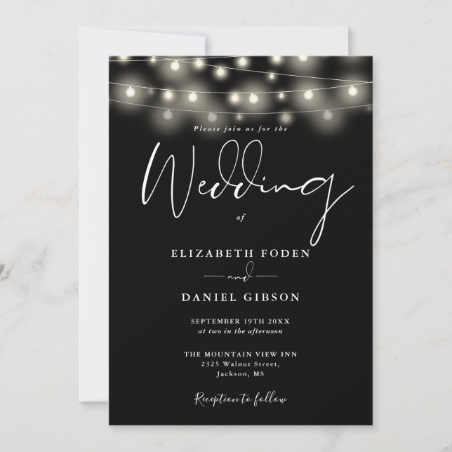 String Lights Black And White QR Code Wedding Invitation (Front)