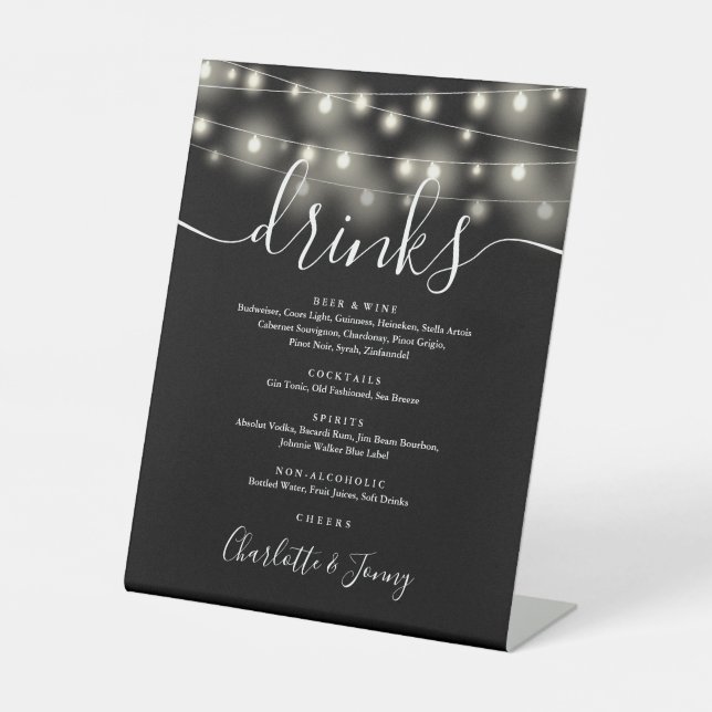 String Lights Black And White Wedding Drinks Menu  Pedestal Sign (Front)
