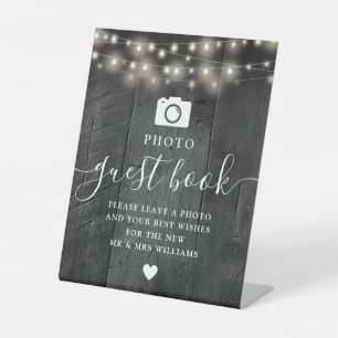 String Lights Black Barn Wood Photo Guest Book Pedestal Sign