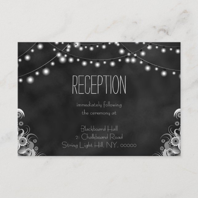 String Lights Black Chalkboard Reception Card (Front)