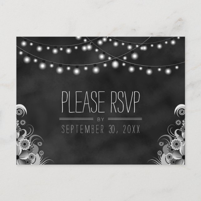 String Lights Black Chalkboard RSVP Reply Postard Invitation Postcard (Front)