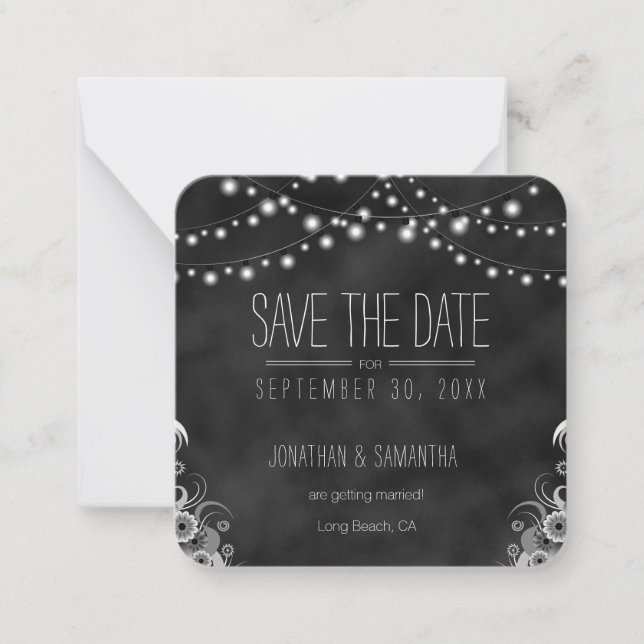 String Lights Black Chalkboard Save The Date Card (Front)