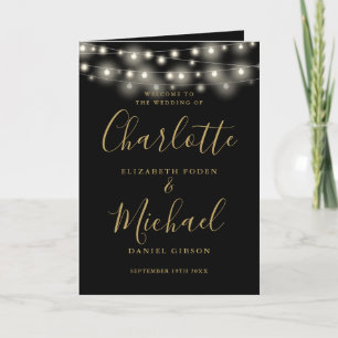 String Lights Black Gold Elegant Script Wedding Programme