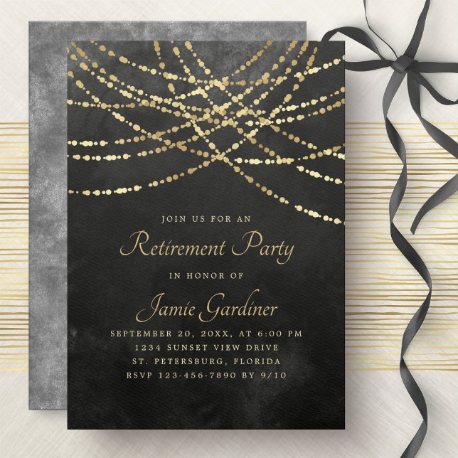 String Lights Black Gold Retirement Party Invitation (Creator Uploaded)