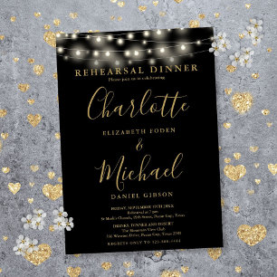 String Lights Black Gold Script Rehearsal Dinner Invitation