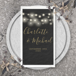 String Lights Black Gold Signature Script Wedding Napkin