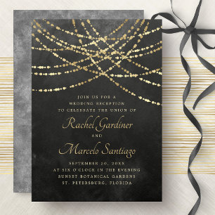 String Lights Black Gold Wedding Reception Invitation