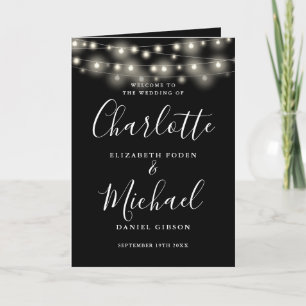 String Lights Black White Elegant Script Wedding Programme