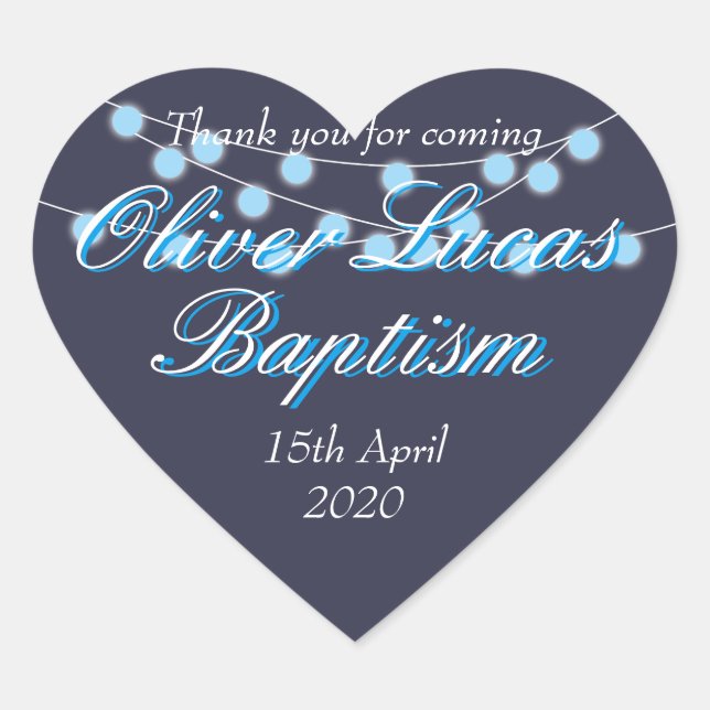 String Lights Blue Baptism Christening Favour Heart Sticker (Front)