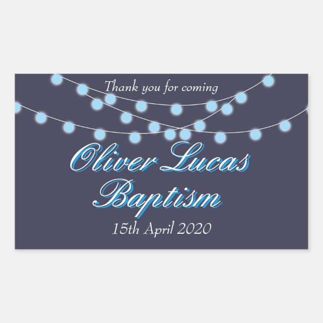 String Lights Blue Baptism Christening Favour Rectangular Sticker (Front)