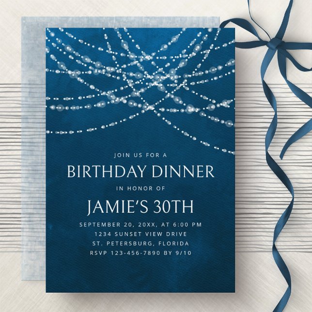 String Lights Blue Birthday Dinner Invitation (Creator Uploaded)