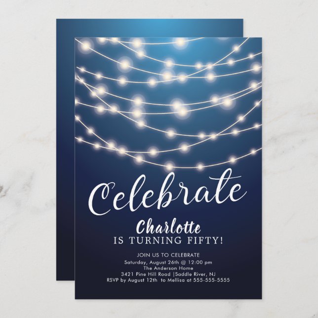String Lights Blue Celebrate Birthday Invitation (Front/Back)
