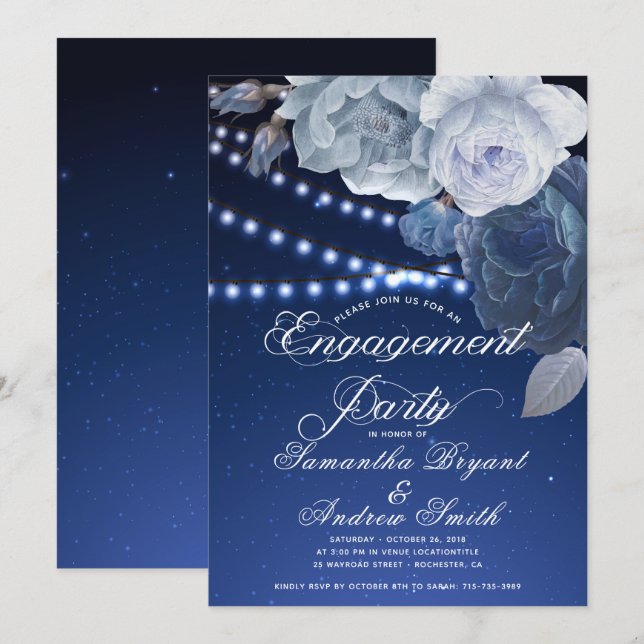 String lights Blue Elegant Engagement Invitation (Front/Back)