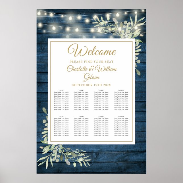 String Lights Blue Rustic Floral Seating Chart (Front)