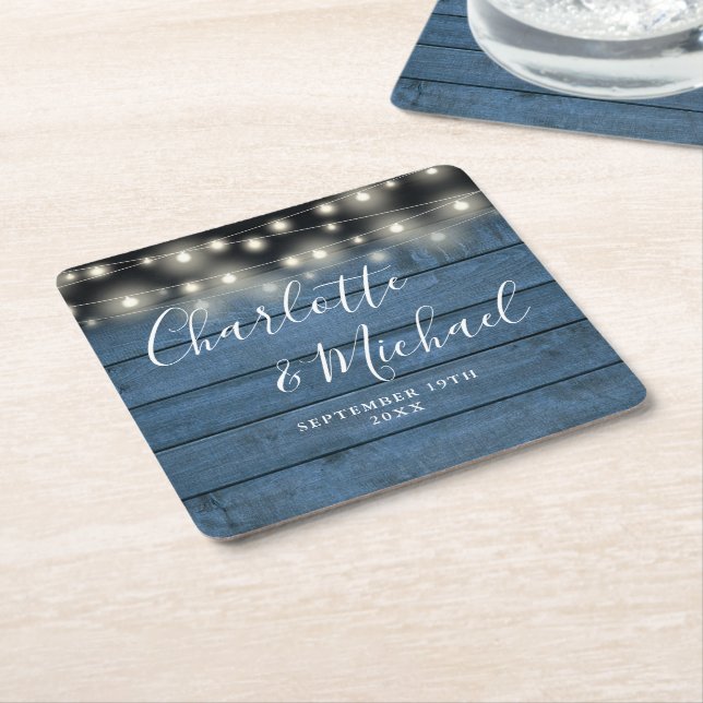 String Lights Blue Rustic Signature Script Wedding Square Paper Coaster (Angled)