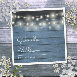 String Lights Blue Rustic Wood Elegant Script Napkin