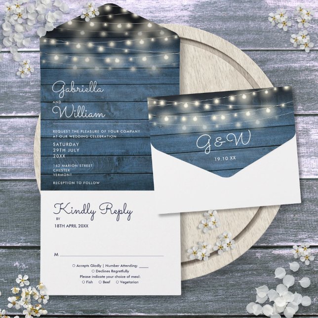 String Lights Blue Rustic Wood Monogram Wedding All In One Invitation (String Lights Blue Rustic Wood Monogram Wedding All In One Invitation)
