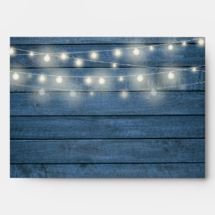 String Lights Blue Rustic Wood Return Address Envelope