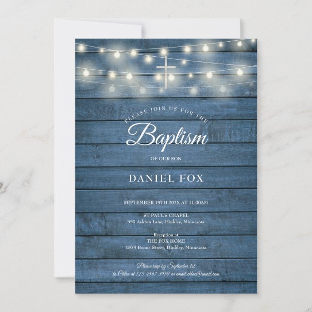 String Lights Blue Wood Baptism Christening Invitation (Front)