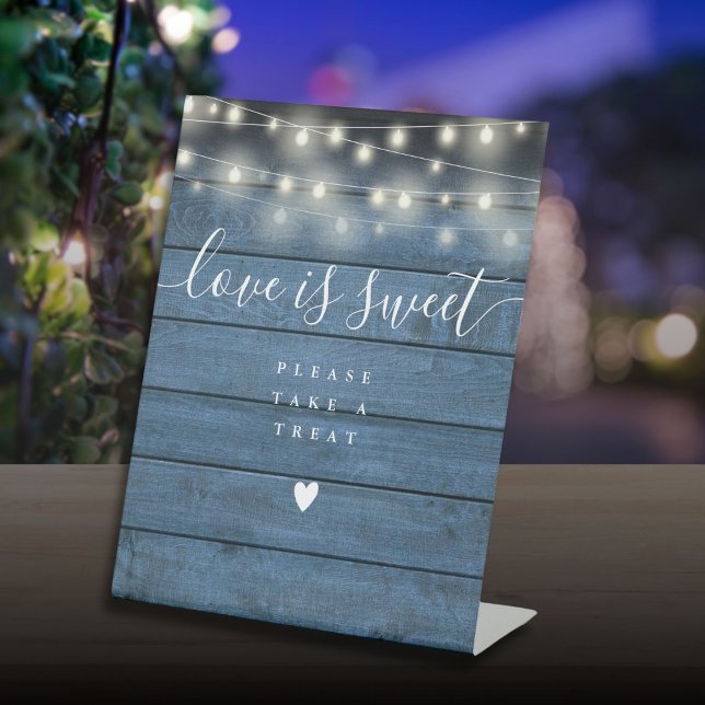 String Lights Blue Wood Love Is Sweet Favour  Pedestal Sign (String Lights Blue Wood Love Is Sweet Favor Pedestal Sign)
