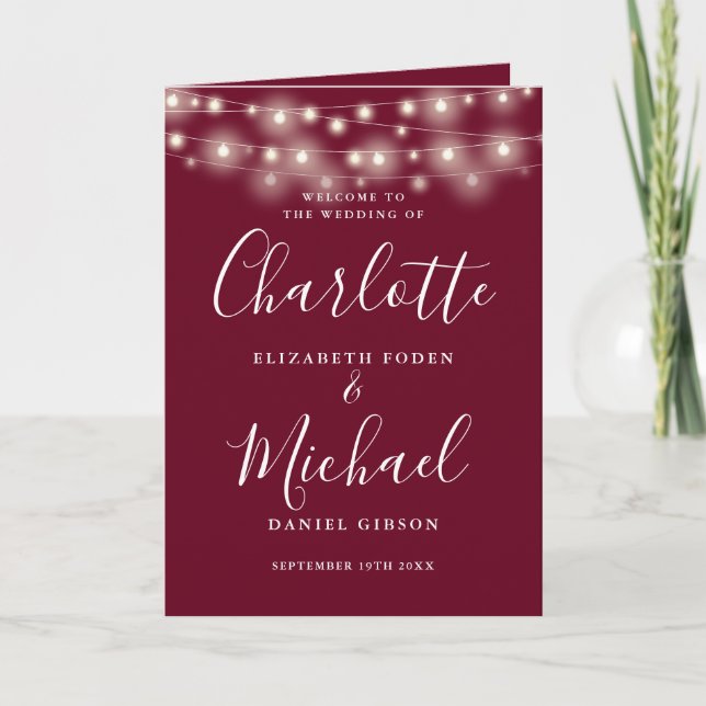 String Lights Burgundy Elegant Script Wedding Programme (Front)