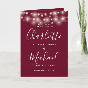 String Lights Burgundy Elegant Script Wedding Programme