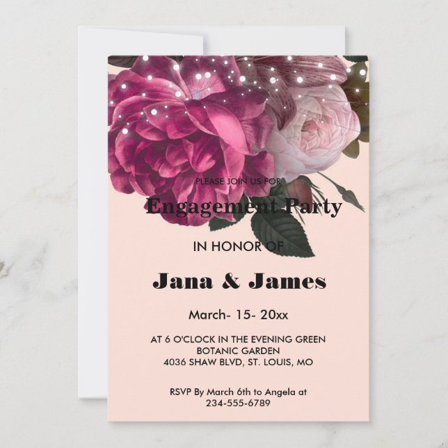 String Lights Burgundy Flowers    Engagement    Invitation (Front)
