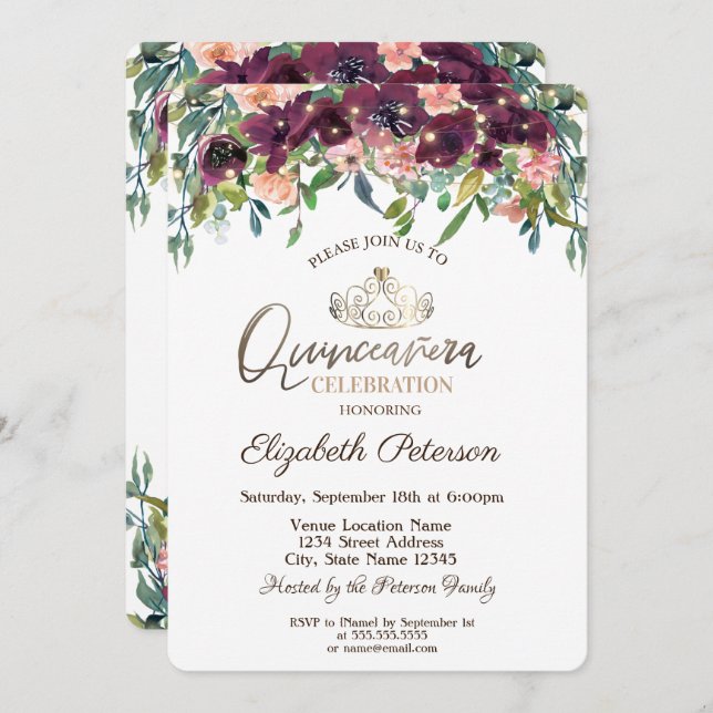 String Lights Burgundy Flowers Quinceañera  Invitation (Front/Back)