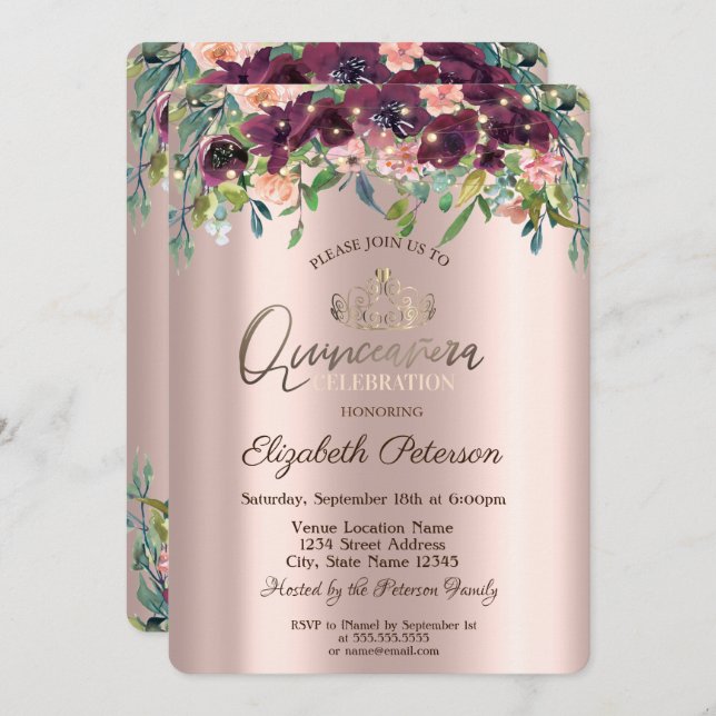 String Lights Burgundy Flowers Roses Quinceañera Invitation (Front/Back)