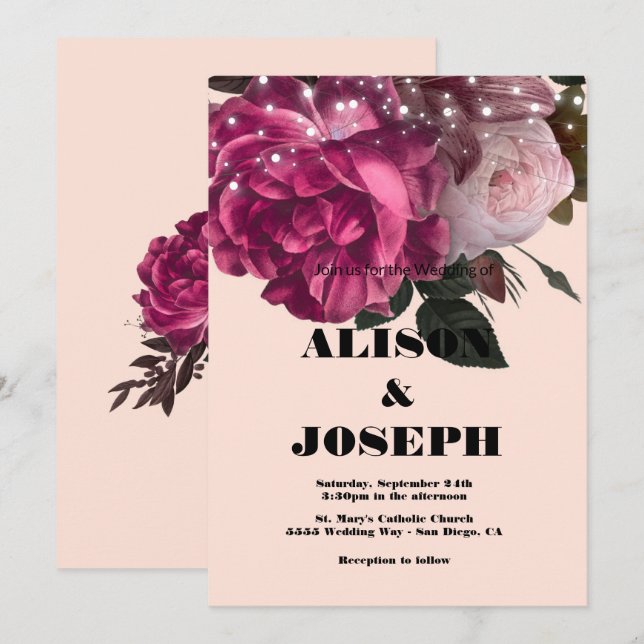 String Lights Burgundy Flowers Wedding Invitation (Front/Back)