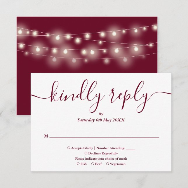 String Lights Burgundy Script Meal Choice RSVP Card (Front/Back)