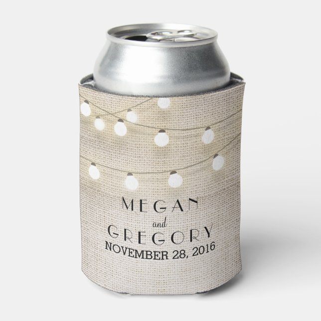 String Lights Burlap Rustic Can Cooler (Can Front)